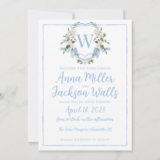 Invitation Aquarelle Ginger Jar Monogram Crest, Bleu Blanc (Devant)