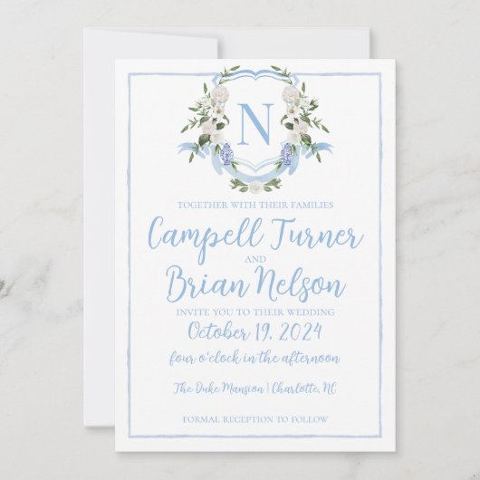 Invitation Aquarelle Ginger Jar Monogram Crest, Bleu Blanc (Devant)