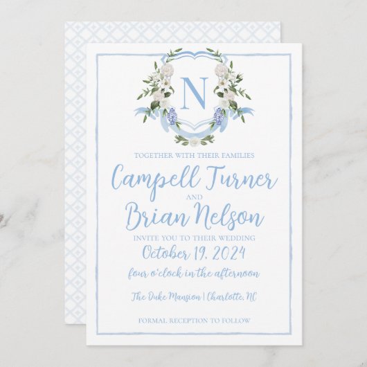 Invitation Aquarelle Ginger Jar Monogram Crest, Bleu Blanc (Devant / Derrière)