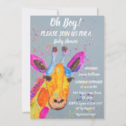 Invitation Aquarelle Giraffe Safari Jungle Baby shower mignon (Devant)