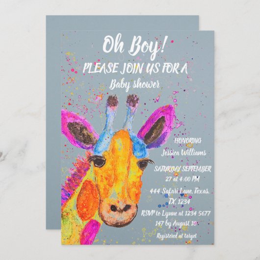 Invitation Aquarelle Giraffe Safari Jungle Baby shower mignon (Devant / Derrière)
