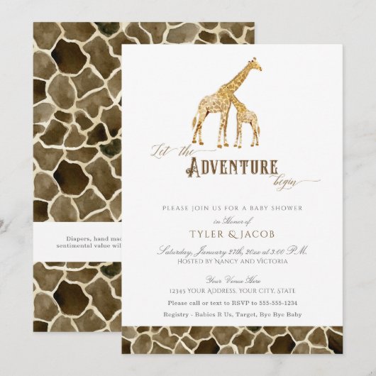 Invitation Aquarelle Giraffes Safari Baby shower d'aventure (Devant / Derrière)