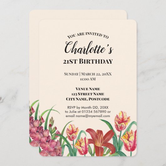 Invitation Aquarelle Gladioli Tulips Lily fête d'anniversaire (Devant / Derrière)