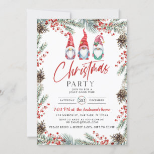 Invitation Aquarelle Gnome Holly Berry Noël Party