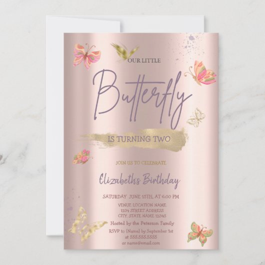 Invitation Aquarelle Gold Butterflies Rose Or Anniversaire (Devant)