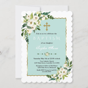 Invitation Aquarelle Gold Frame Baptême Floral Baptême Floral