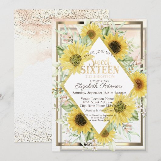 Invitation Aquarelle Gold Frame Sunflowers Sweet 16 (Devant / Derrière)