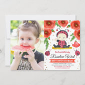 Invitation Aquarelle Gold Ladybug photo de premier anniversai (Devant)