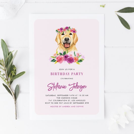Invitation Aquarelle Golden Retriever Floral Chien Anniversai