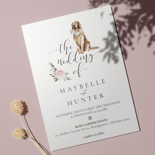 Invitation Aquarelle Golden Retriever Pet & Floral Rose