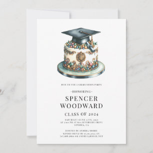 Invitation Aquarelle Graduation Cap & Cake Graduation Party