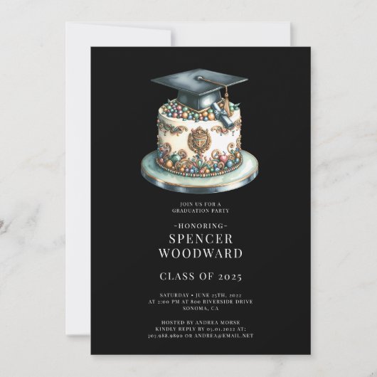 Invitation Aquarelle Graduation Cap & Cake Graduation Party (Devant)
