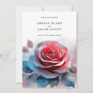 Invitation Aquarelle Grand Rose Rouge Tons Bleutés Mariage