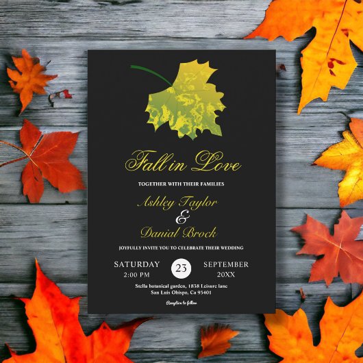 Invitation Aquarelle Green Fall Feuilles Mariage Floral noir