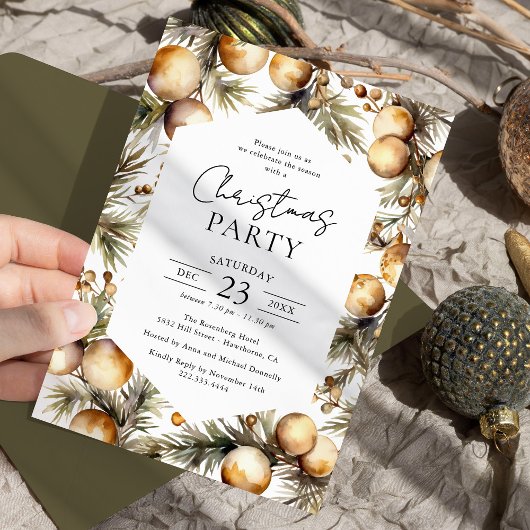 Invitation Aquarelle Green & Gold Christmas