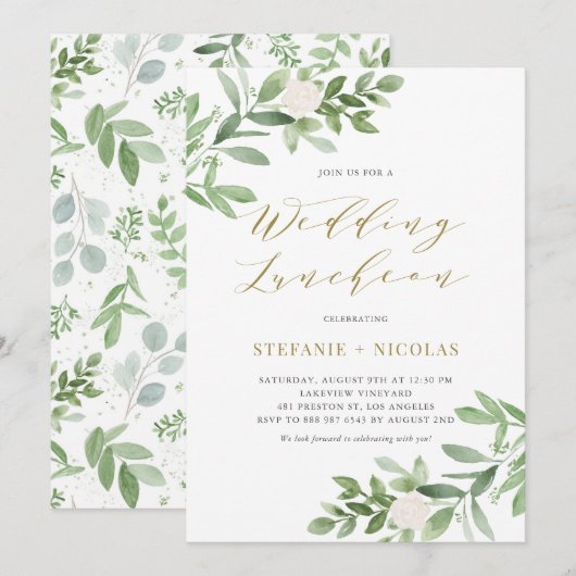 Invitation Aquarelle Greeney Blanc Floral Mariage déjeuner (Devant / Derrière)
