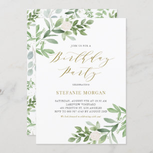 Invitation Aquarelle Greeney et Fleur blanche fête d'annivers