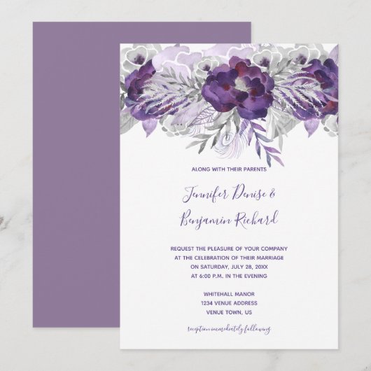 Invitation Aquarelle gris argenté violet Mariage floral (Devant / Derrière)