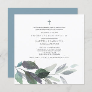 Invitation Aquarelle gris cool Feuilles jumeaux Baptême
