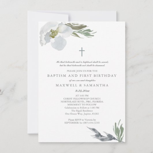 Invitation Aquarelle gris cool Florales Twins Baptême (Devant)