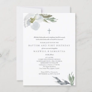 Invitation Aquarelle gris cool Florales Twins Baptême