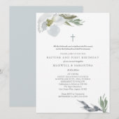 Invitation Aquarelle gris cool Florales Twins Baptême (Devant / Derrière)