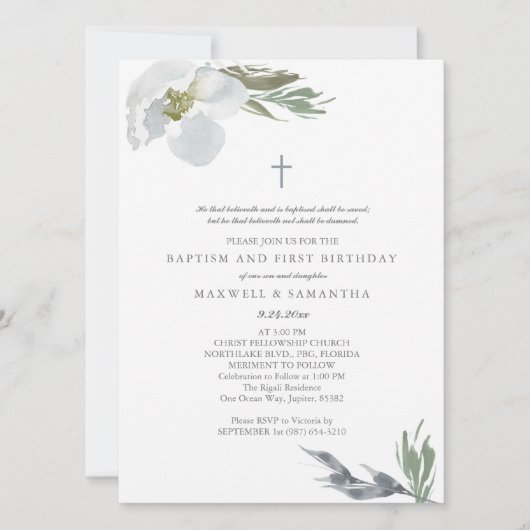 Invitation Aquarelle gris cool Florales Twins Baptême (Devant)