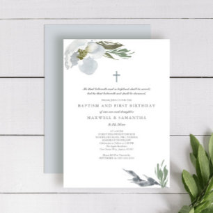 Invitation Aquarelle gris cool Florales Twins Baptême