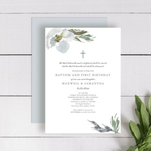 Invitation Aquarelle gris cool Florales Twins Baptême