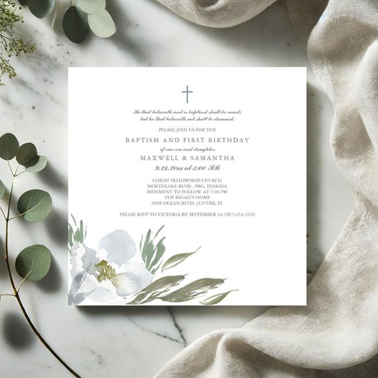 Invitation Aquarelle gris cool Florales Twins Baptême