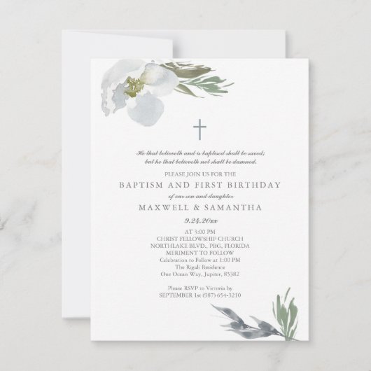 Invitation Aquarelle gris cool Florales Twins Baptême (Devant)