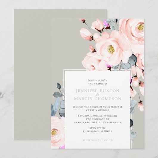 Invitation Aquarelle gris et bleu Mariage floral (Devant / Derrière)