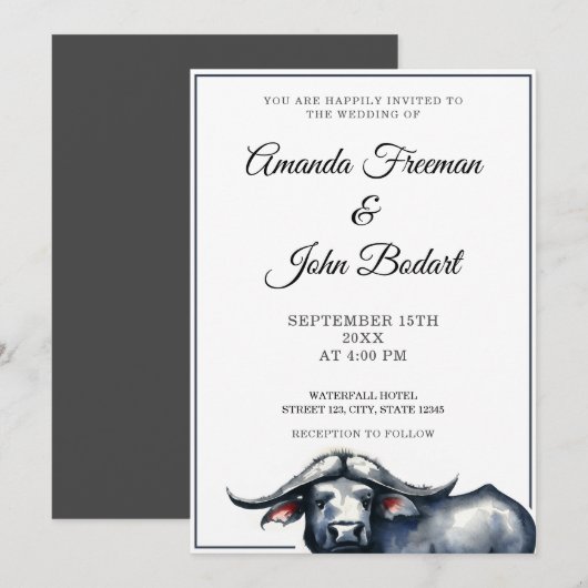 Invitation Aquarelle Gris et Buffalo noir Mariage occidental (Devant / Derrière)