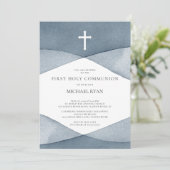 Invitation Aquarelle gris garçons Première Communion sainte (Debout devant)