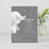 Invitation Aquarelle gris mou Baby shower éléphant (Debout devant)