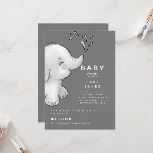 Invitation Aquarelle gris mou Baby shower éléphant (Devant/Arrière en situation)