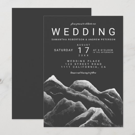 Invitation Aquarelle gris noir blanc montagnes mariage (Devant / Derrière)
