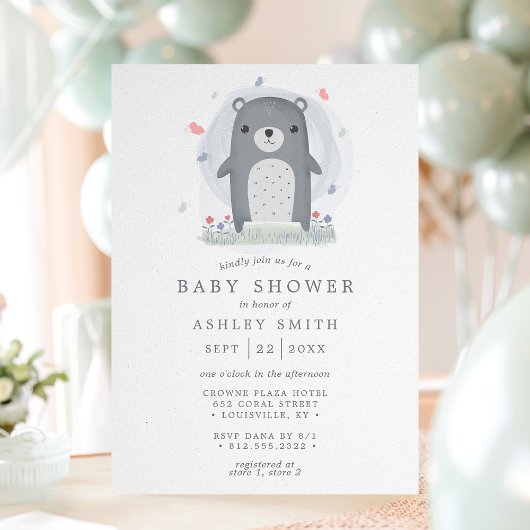 Invitation Aquarelle Gris Ours mignon Simple Boys Baby shower
