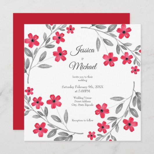 Invitation Aquarelle gris rouge Fleur Wreath (Devant / Derrière)