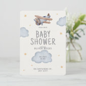 Invitation Aquarelle Grise Et Beige Baby shower (Debout devant)