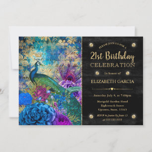 Invitation Aquarelle Grunge Paon et Fleurs Anniversaire