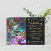 Invitation Aquarelle Grunge Peacock et Fleurs Anniversaire (Debout devant)
