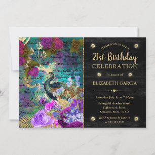 Invitation Aquarelle Grunge Peacock et Fleurs Anniversaire