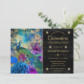 Invitation Aquarelle Grunge Peacock et Fleurs Quinceanera (Debout devant)