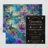 Invitation Aquarelle Grunge Peacock et Fleurs Quinceanera (Devant / Derrière)