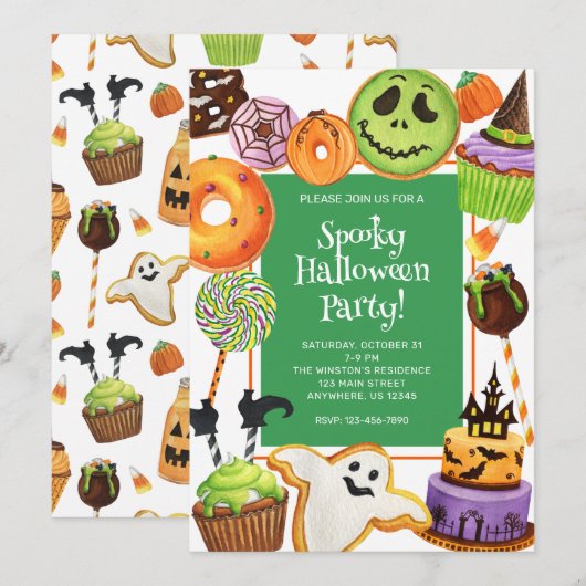 Invitation Aquarelle Halloween Cookies et Sweets Party (Devant / Derrière)