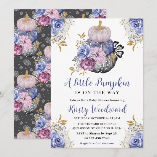 Invitation Aquarelle Halloween Floral Citrouille Baby shower (Devant / Derrière)