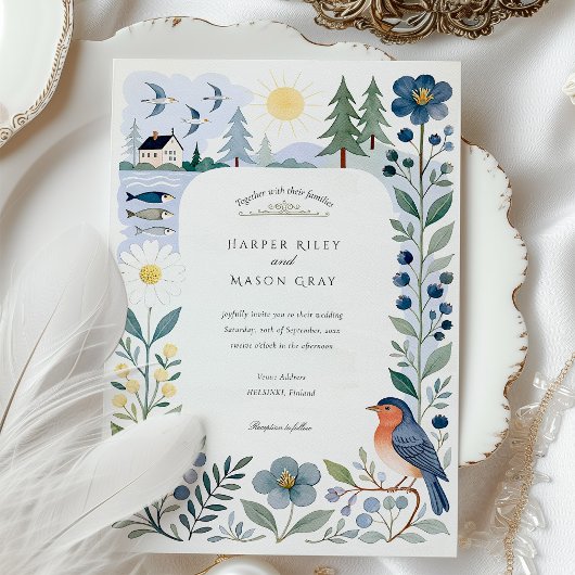 Invitation Aquarelle Helsinki Forêt nordique et Mariage d'ois