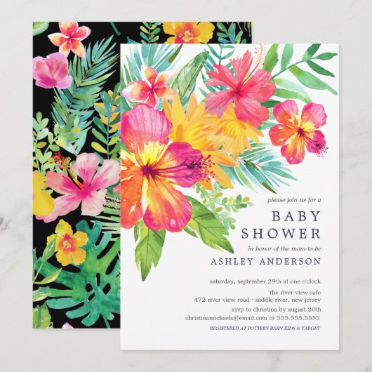 Invitation Aquarelle Hibiscus Fleurs Baby shower tropical (Devant / Derrière)