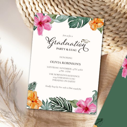 Invitation Aquarelle Hibiscus Tropical Graduation Photo